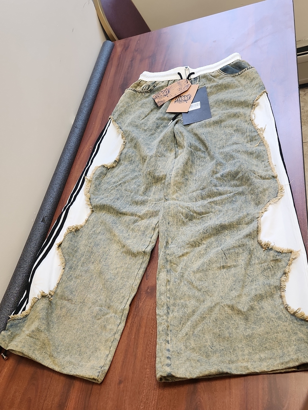 Distressed Denim/track Mix Wide-Leg Jeans with White/blk Striped Side Panels